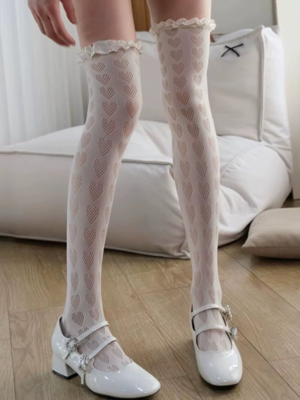 Women's Heart Pattern Ruffle Trim White Over Knee Thigh High Stockings Tights